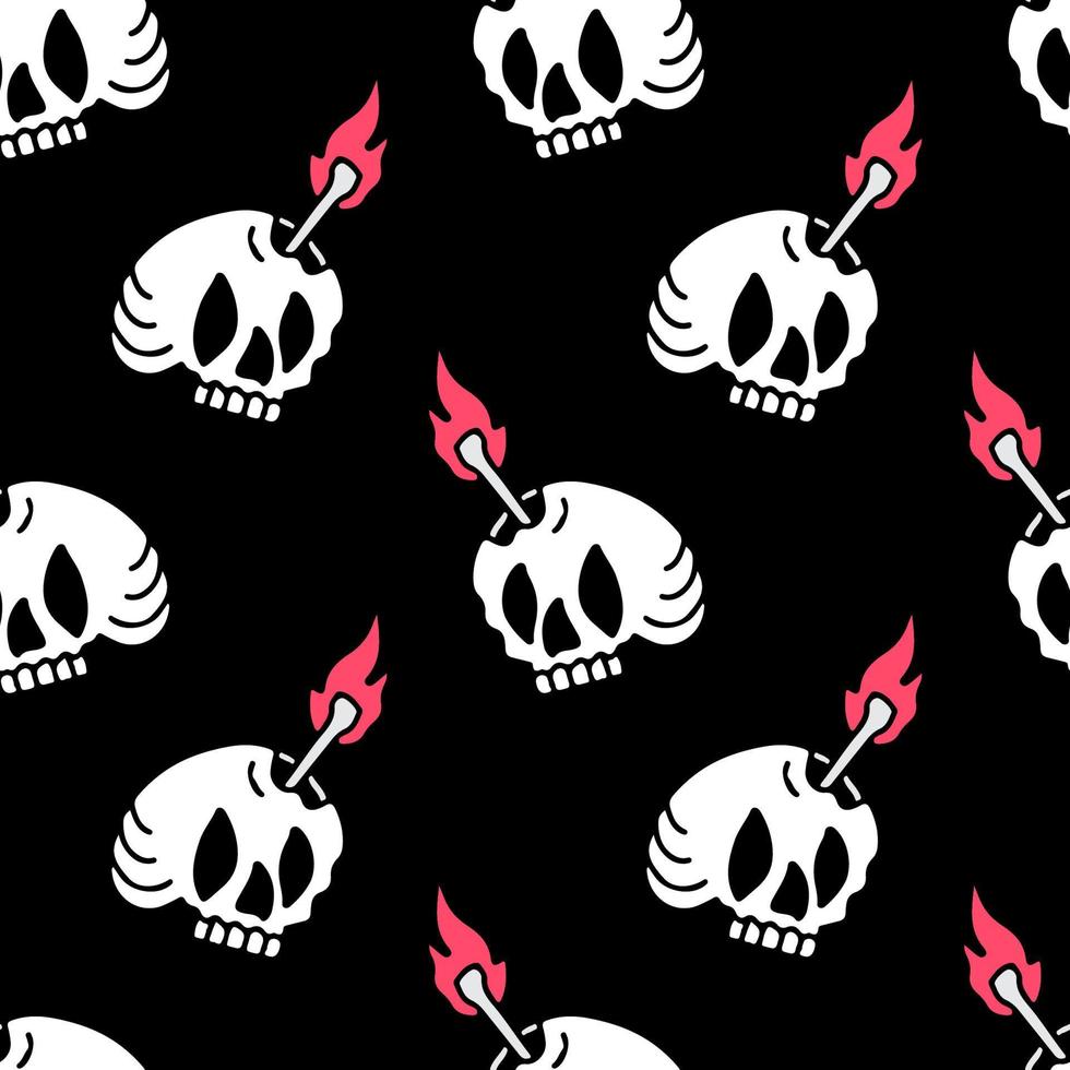 Grunge skull and torch on black background seamless pattern. Modern vintage, pop art style seamless pattern concept. vector