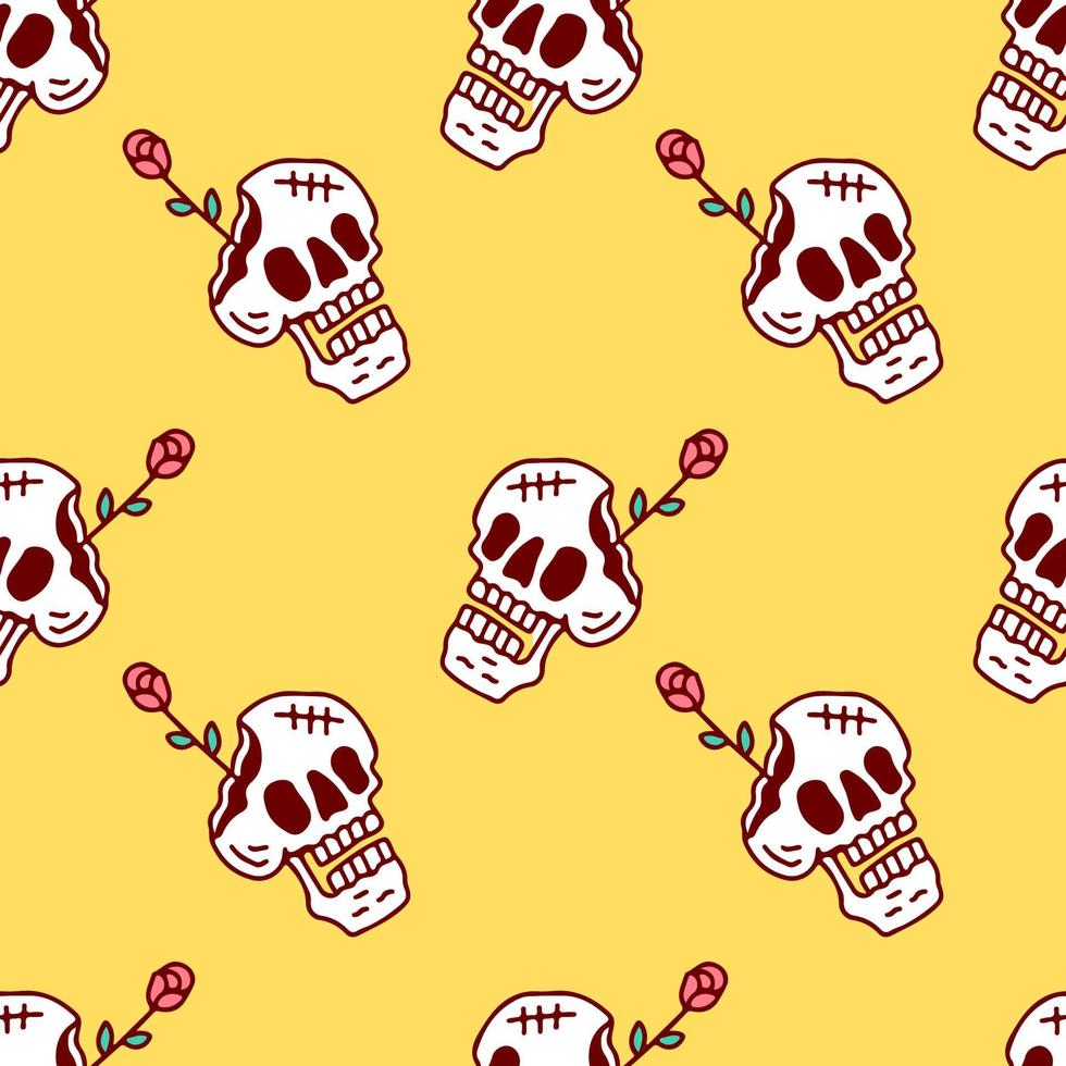 Sketchy skull and roses on yellow background seamless pattern. Modern vintage, pop art style seamless pattern concept. vector