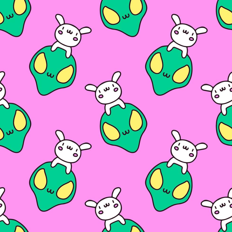 Cute alien and bunny on pink background seamless pattern. Modern vintage, pop art style seamless pattern concept. vector
