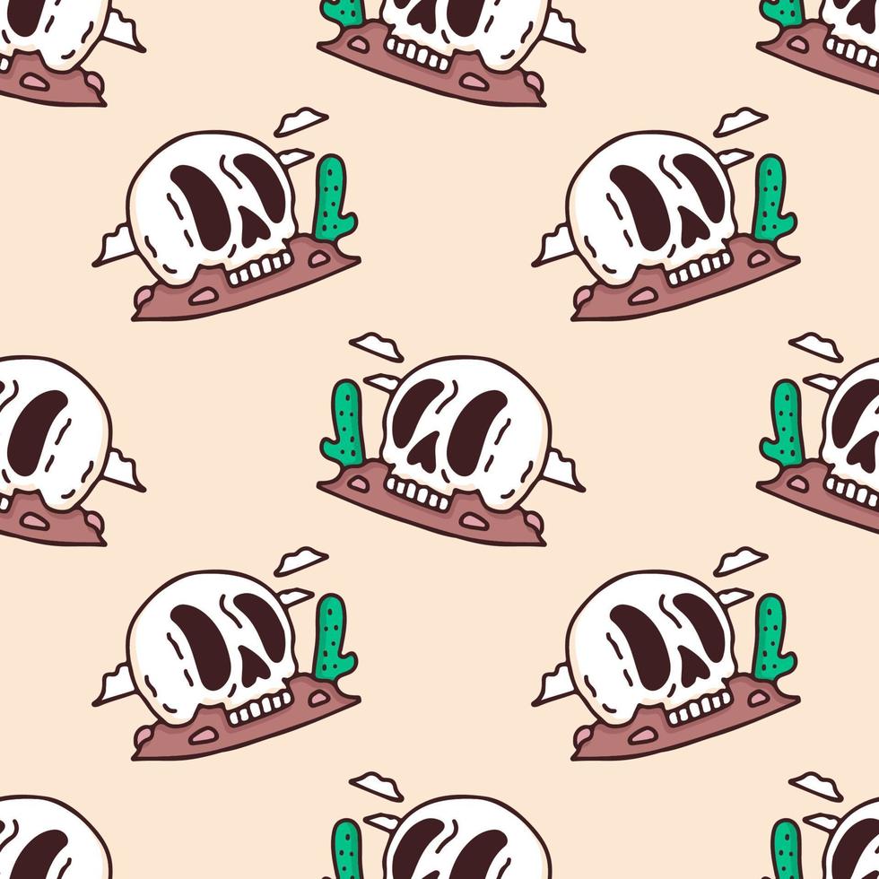 Sketchy desert skull and cactus on soft background seamless pattern. Modern vintage, pop art style seamless pattern concept. vector
