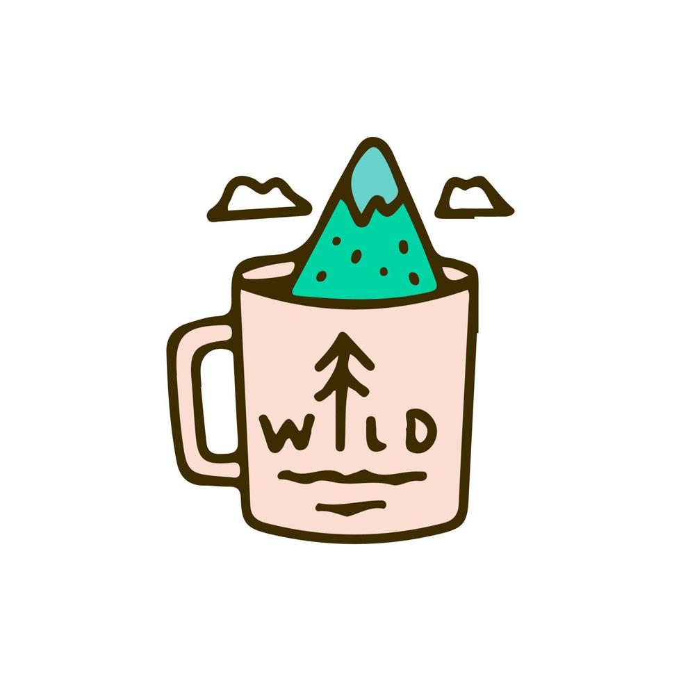 Mountain inside a cup of coffee, illustration for t-shirt, street wear, sticker, or apparel merchandise. With retro, and cartoon style. vector