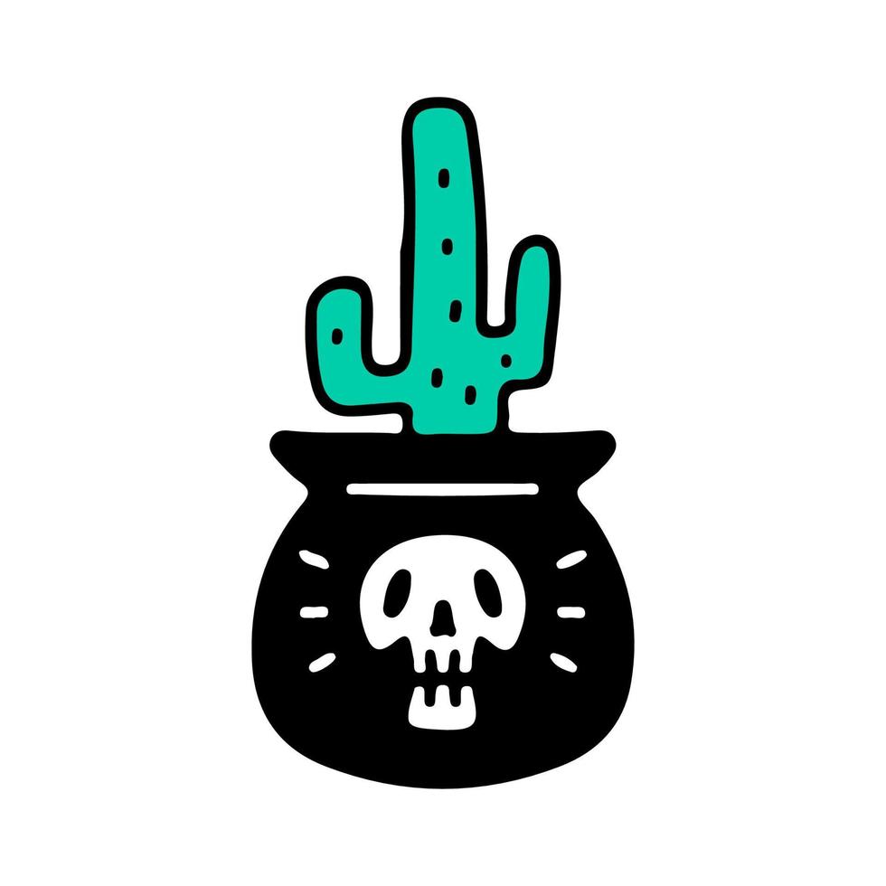 cactus en tarro de calavera, ilustración para camiseta, ropa de calle, pegatina o mercancía de ropa. con estilo retro y de dibujos animados. vector