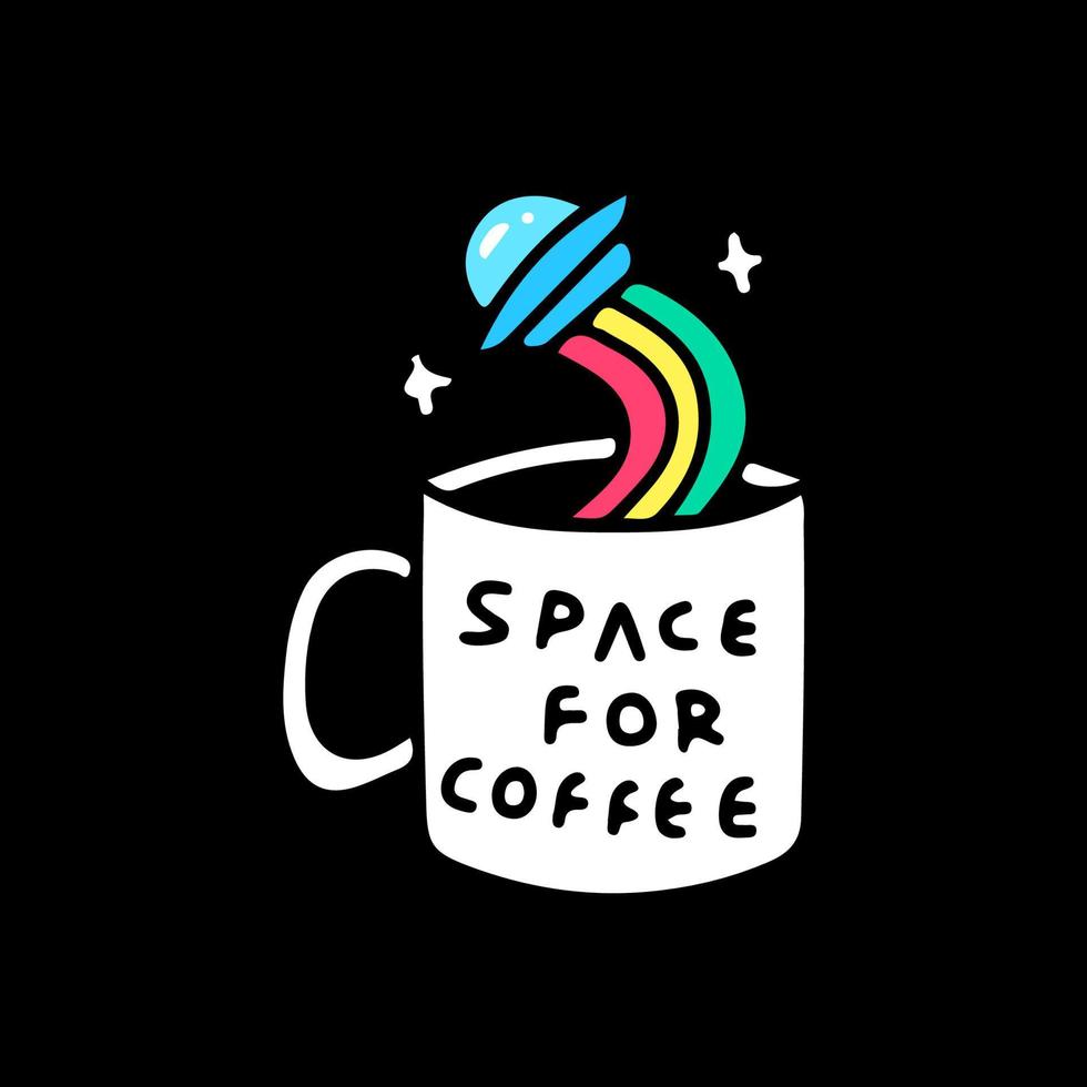 nave espacial OVNI y taza de café, ilustración para camisetas, ropa de calle, pegatinas o prendas de vestir. con estilo retro y de dibujos animados. vector