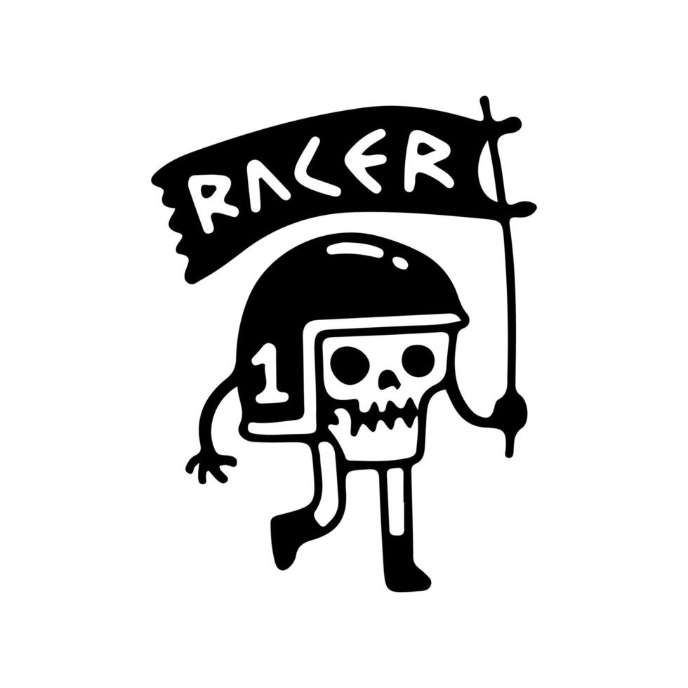 Rider skull wearing helmet and holding flag with racer typography, illustration for t-shirt, poster, sticker, or apparel merchandise. With retro cartoon style vector