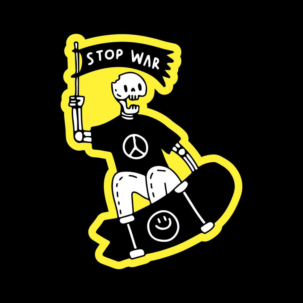 Cool skeleton freestyle with skateboard and holding flag with stop war typography, illustration for t-shirt, sticker, or apparel merchandise. With doodle, retro, and cartoon style. vector