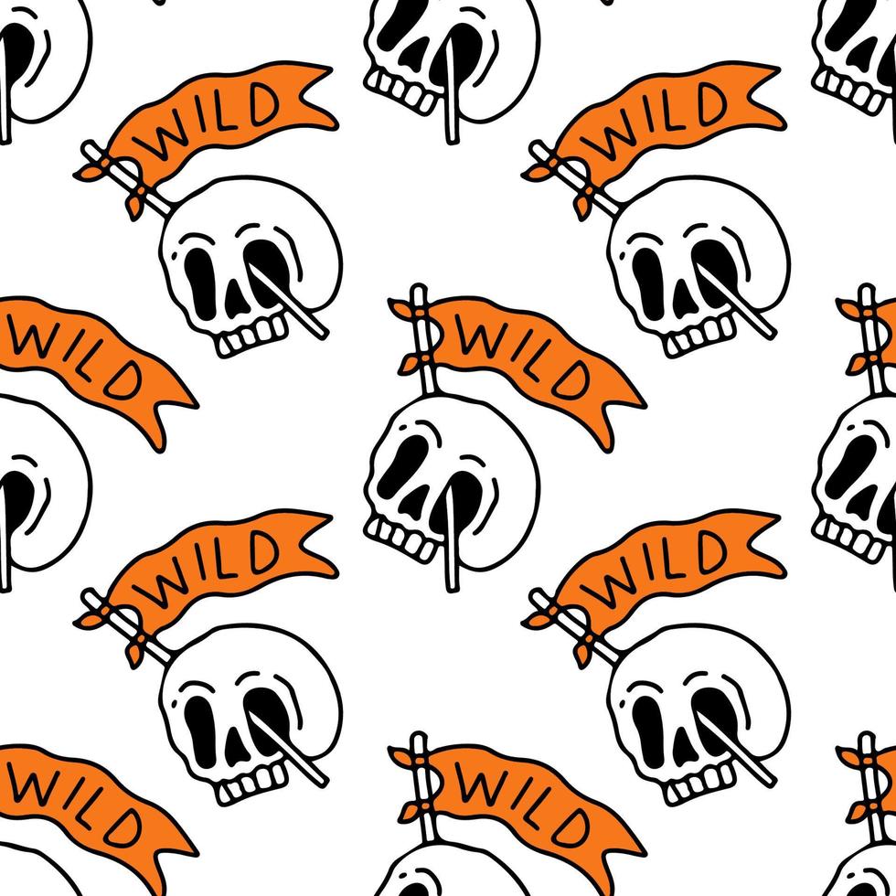 Wild skull and flag on white background seamless pattern. Modern vintage, pop art style seamless pattern concept. vector