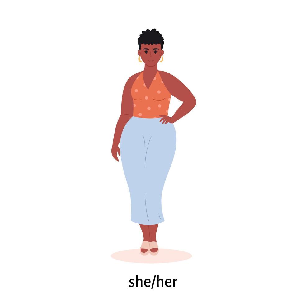 Young black woman with gender pronoun. She, he, they, non-binary. Gender-neutral movement. LGBTQ community vector