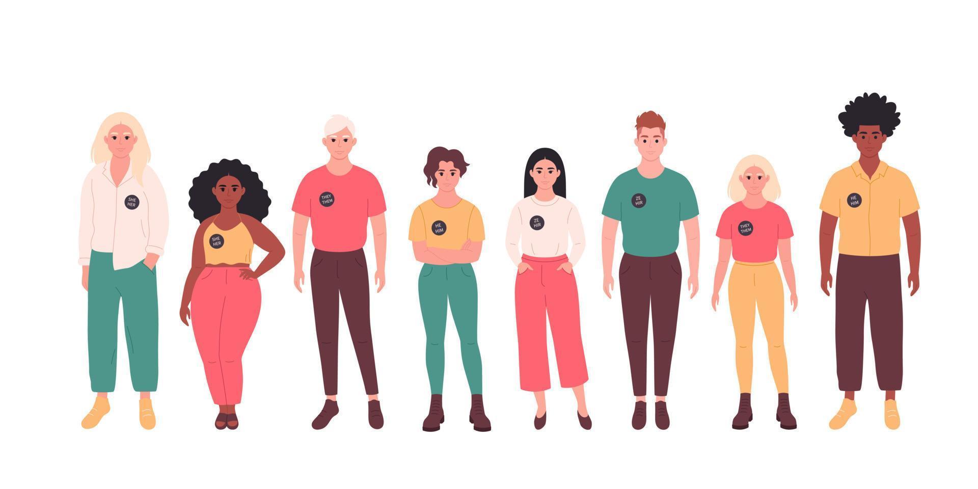 personas con pin de pronombres de género. ella, él, ellos, no binario. movimiento de género neutral. comunidad lgbtq. vector