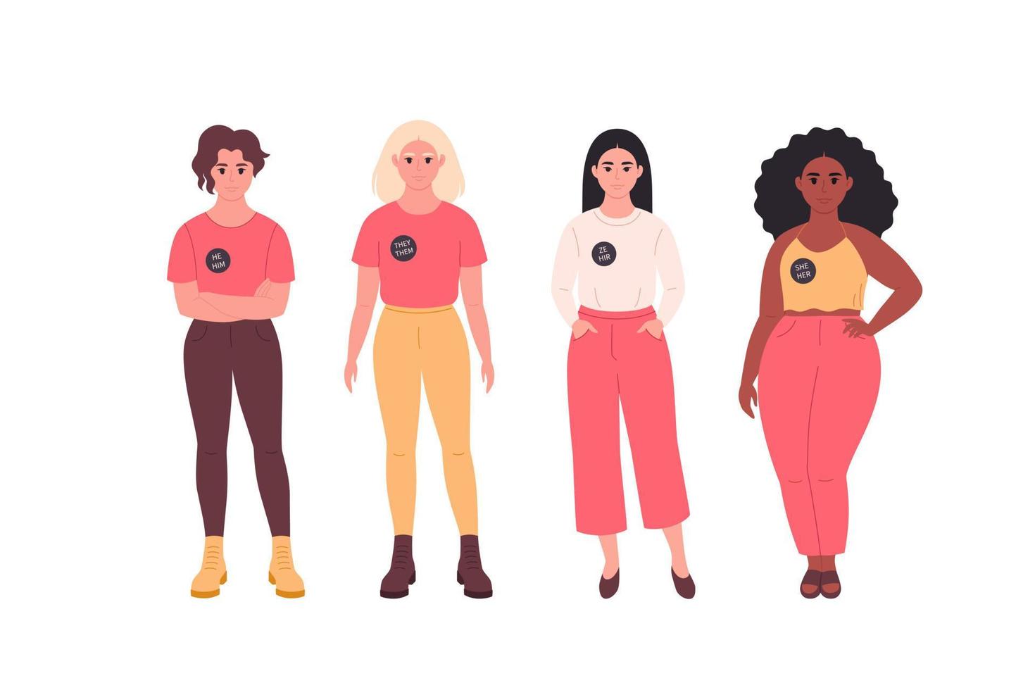 mujeres jóvenes con pin de pronombres de género. ella, él, ellos, no binario. movimiento de género neutral. comunidad lgbtq. vector