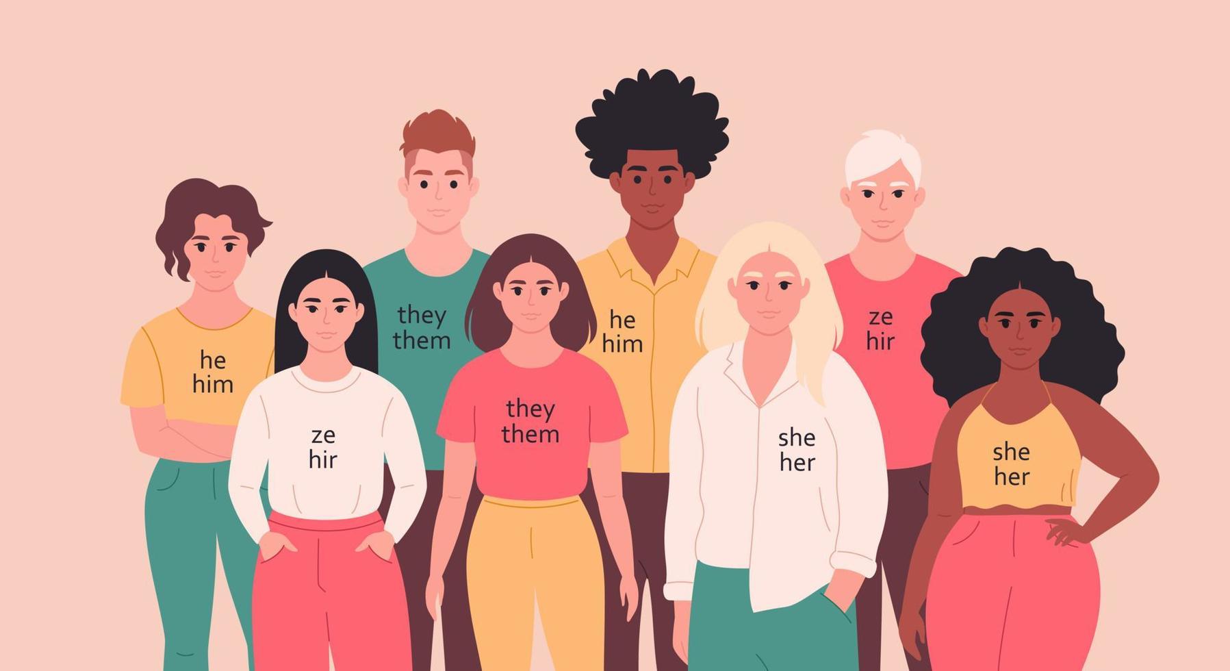 People with gender pronouns. She, he, they, non-binary. Gender-neutral movement. LGBTQ community. vector