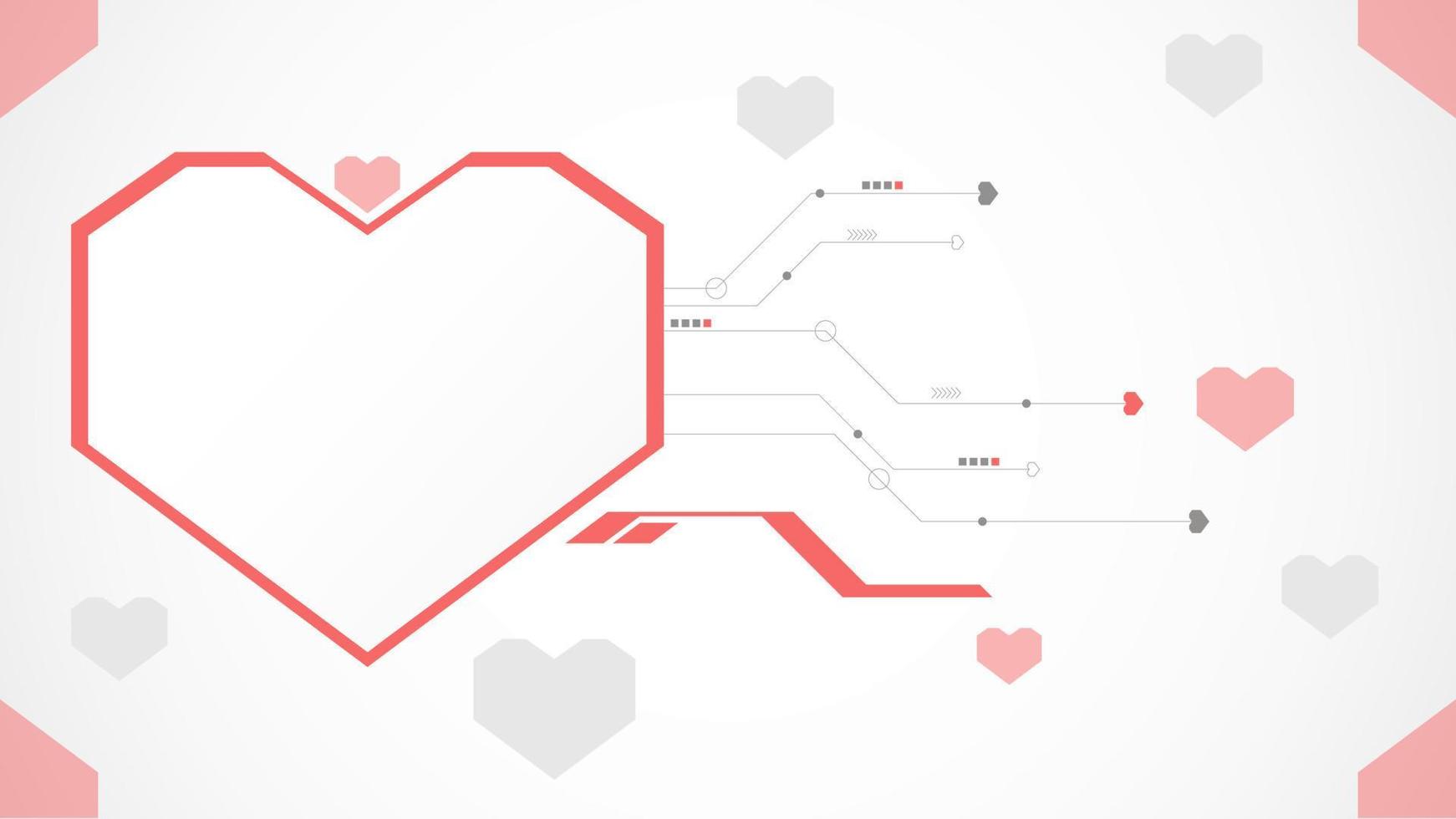 Resumen de fondo de San Valentín de tecnología de corazón rojo blanco. tecnología con línea, digital, corazón, punto, alta tecnología, concepto de San Valentín, vector. corazón tecnológico para el día de san valentín, fondo, banner web. vector