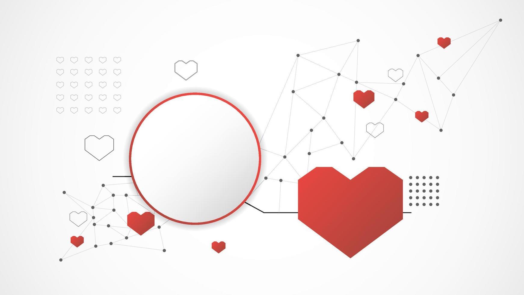 resumen de fondo de corazón de tecnología de círculo rojo blanco. tecnología con línea digital, adn, corazón rojo, punto, alta tecnología, gris, ciencia, vector. círculo tecnológico para el día de san valentín, fondo, papel tapiz. vector