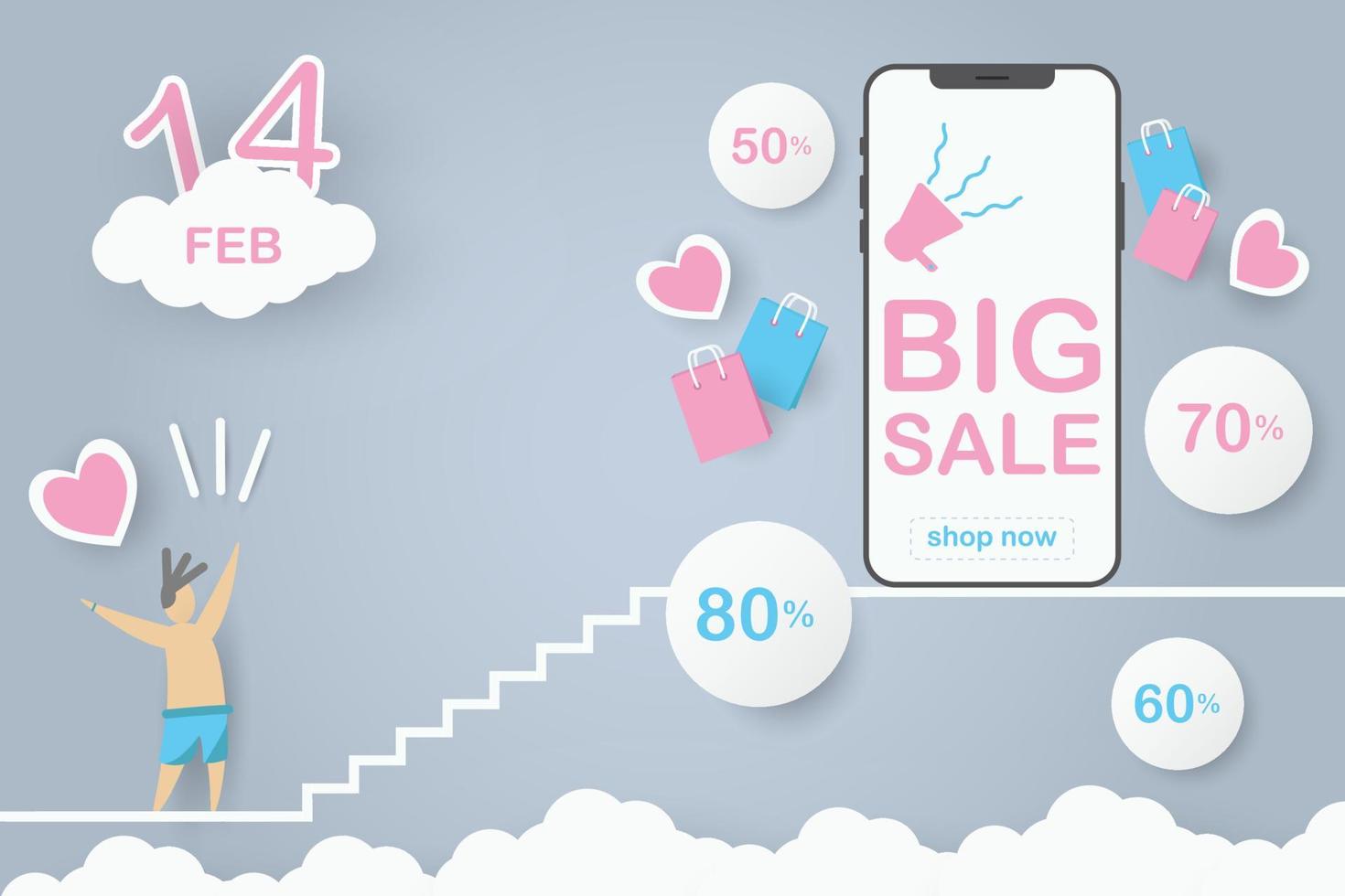 valentine sale promotion mobile phone abstract. big sale discount with percent 80, 70, 60, 50 vector