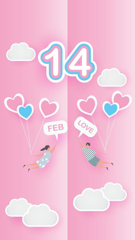 San Valentín encantador alegre en concepto de fondo de papel rosa. con texto amor 14 de febrero, niño y niña vuelan con globo de corazón, cielo, vector. diseño para tarjeta de San Valentín, regalo, afiche, corte de papel, borde, idea vector