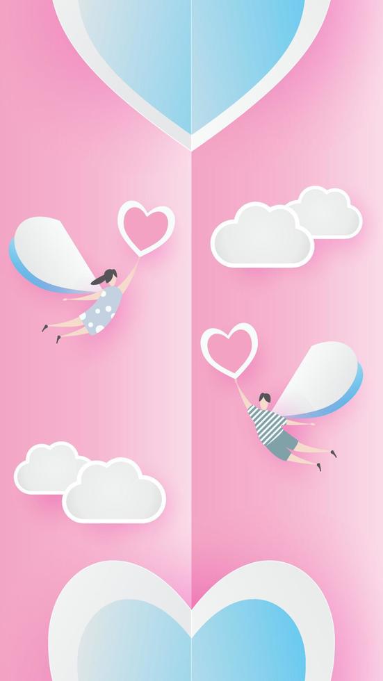 San Valentín encantador alegre en concepto de fondo de papel rosa. con texto amor 14 de febrero, niño y niña vuelan con globo de corazón, cielo, vector. diseño para tarjeta de San Valentín, regalo, afiche, corte de papel, borde, idea vector