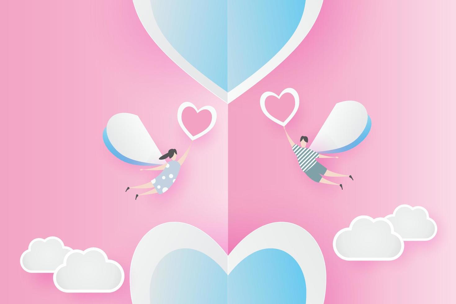 San Valentín encantador alegre en concepto de fondo de papel rosa. con texto amor 14 de febrero, niño y niña vuelan con globo de corazón, cielo, vector. diseño para tarjeta de San Valentín, regalo, afiche, corte de papel, borde, idea vector