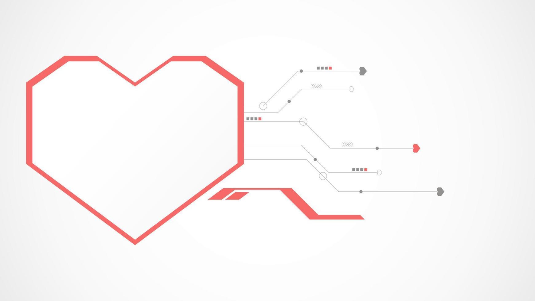 Resumen de fondo de San Valentín de tecnología de corazón rojo blanco. tecnología con línea, digital, corazón, punto, alta tecnología, concepto de San Valentín, vector. corazón tecnológico para el día de san valentín, fondo, banner web. vector