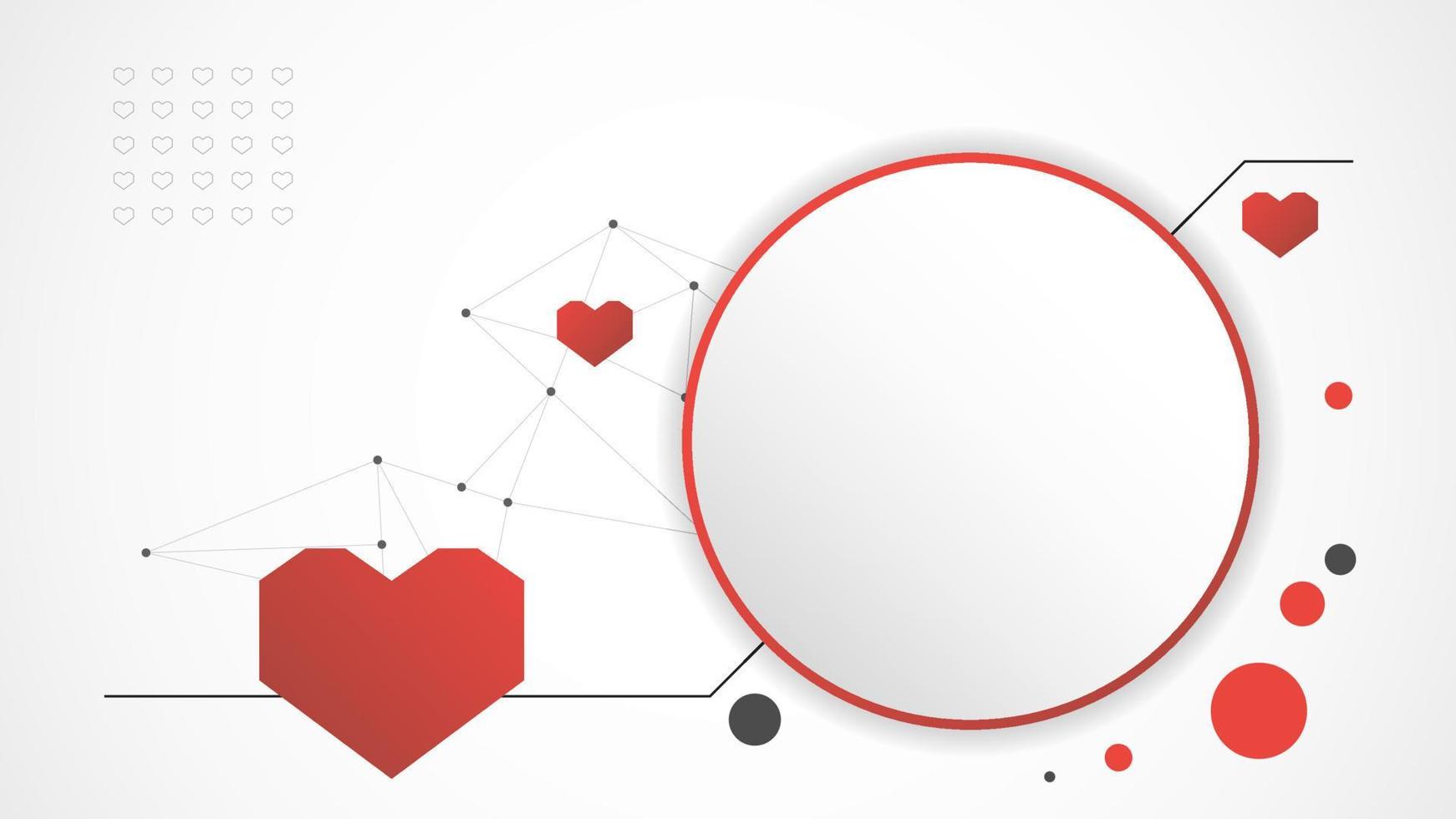 resumen de fondo de corazón de tecnología de círculo rojo blanco. tecnología con línea digital, adn, corazón rojo, punto, alta tecnología, gris, ciencia, vector. círculo tecnológico para el día de san valentín, fondo, papel tapiz. vector