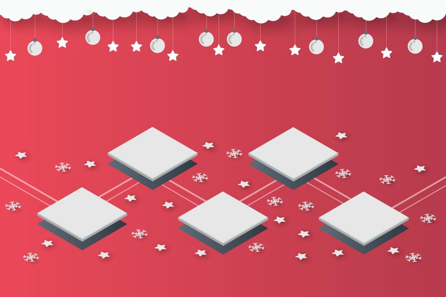 christmas isometric on red paper art abstract background with sky and line design for Merry christmas, poster card, banners, gift card, christmas concept. Vector illustration. paper cut style.