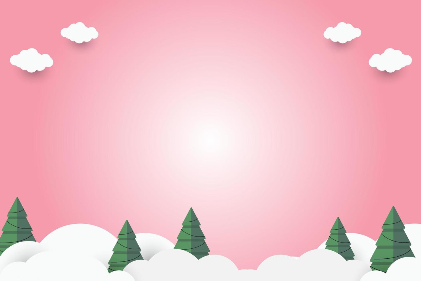 green christmas tree on pink paper art abstract background with sky and line design for Merry christmas, poster card, banners, gift card, christmas concept. Vector illustration. paper cut style.