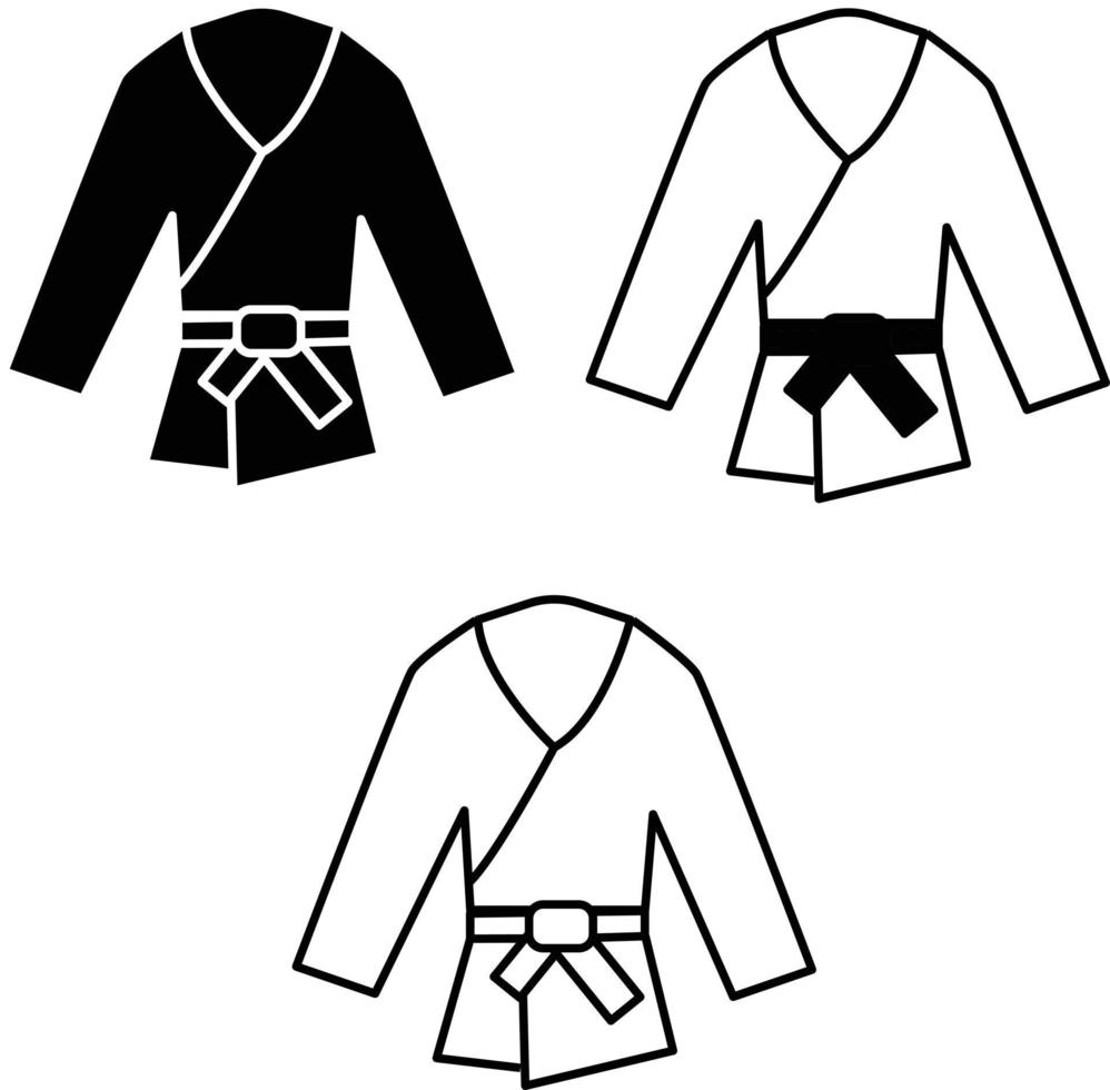 BJJ White Gi flat vector illustration. Kimono and pants with all belts  vector illustration in flat style. Brazilian Jiu-Jitsu kit. Isolated. on  black background. vector de Stock