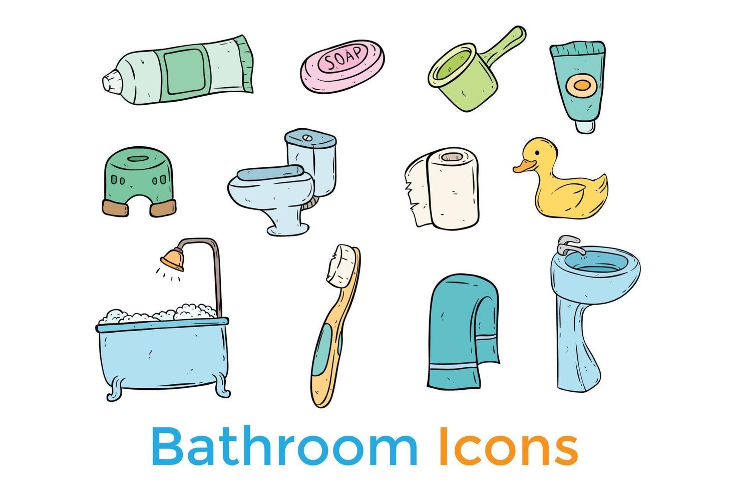 set of doodle bathroom icons or illustration on white background vector