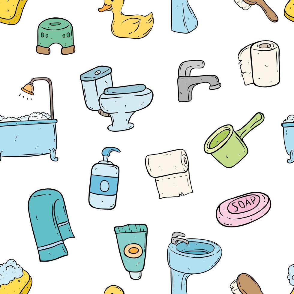 Seamless pattern of doodle bathroom icons. Repetition illustration vector