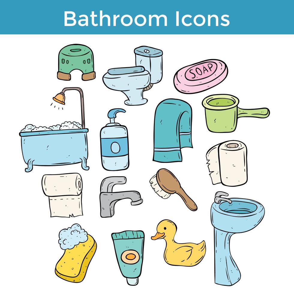 set of doodle bathroom icons or illustration on white background vector