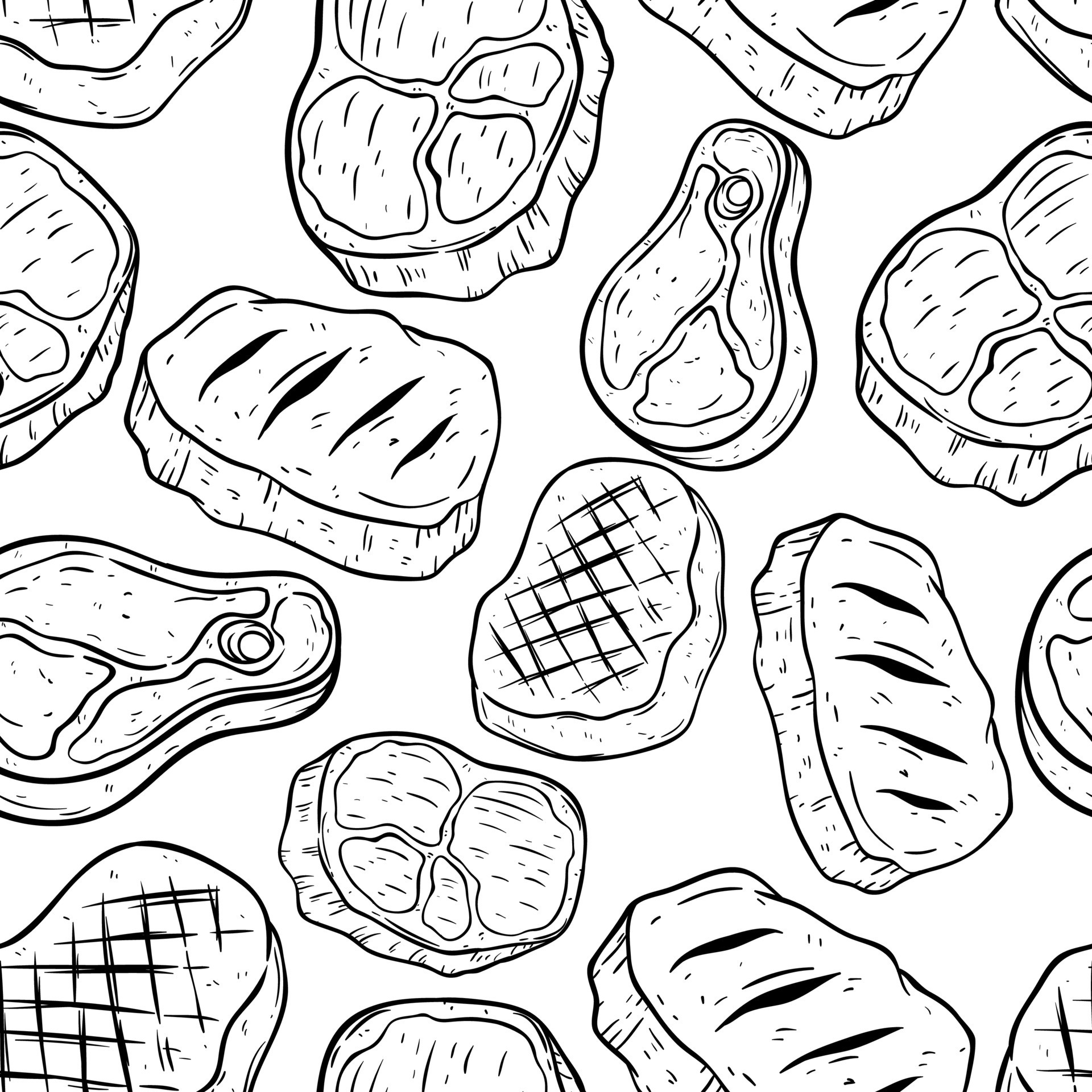 Seamless meat pattern. Black and white meat background. Doodle vector  illustration with meat products icons 8877941 Vector Art at Vecteezy