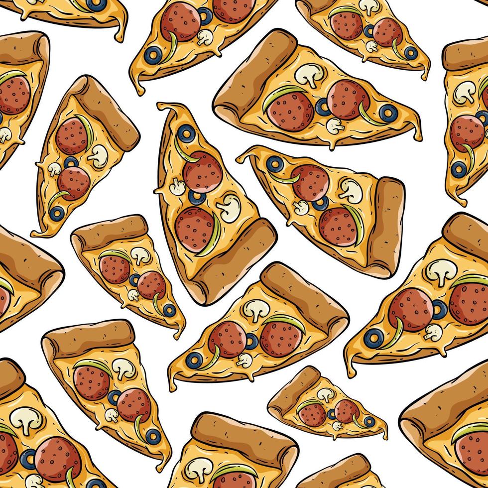 pizza slice in seamless pattern with tasty topping vector