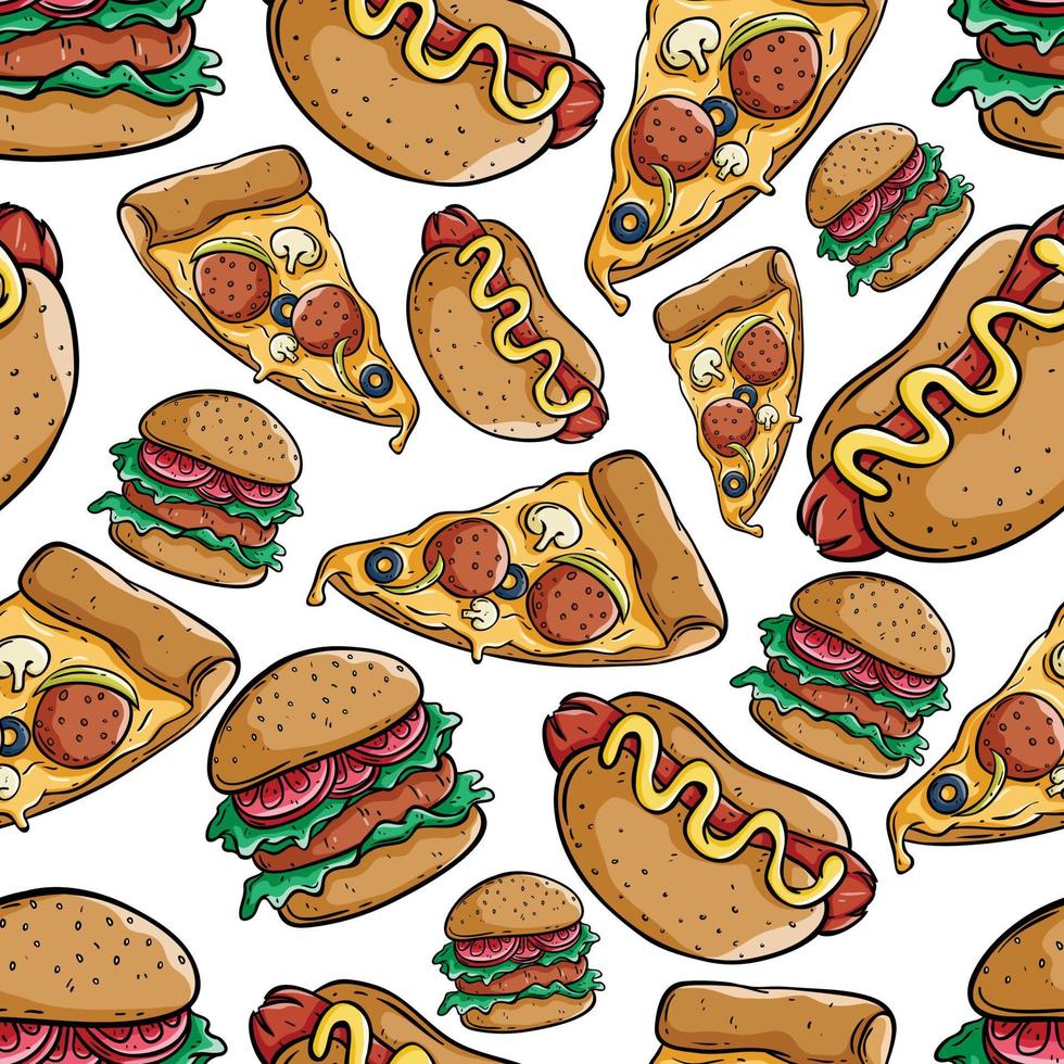 junk food seamless pattern with burger, pizza slice and hotdog vector