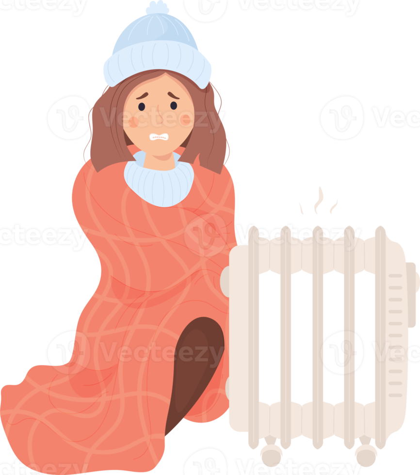 girl wrapped in blanket basking near radiator png