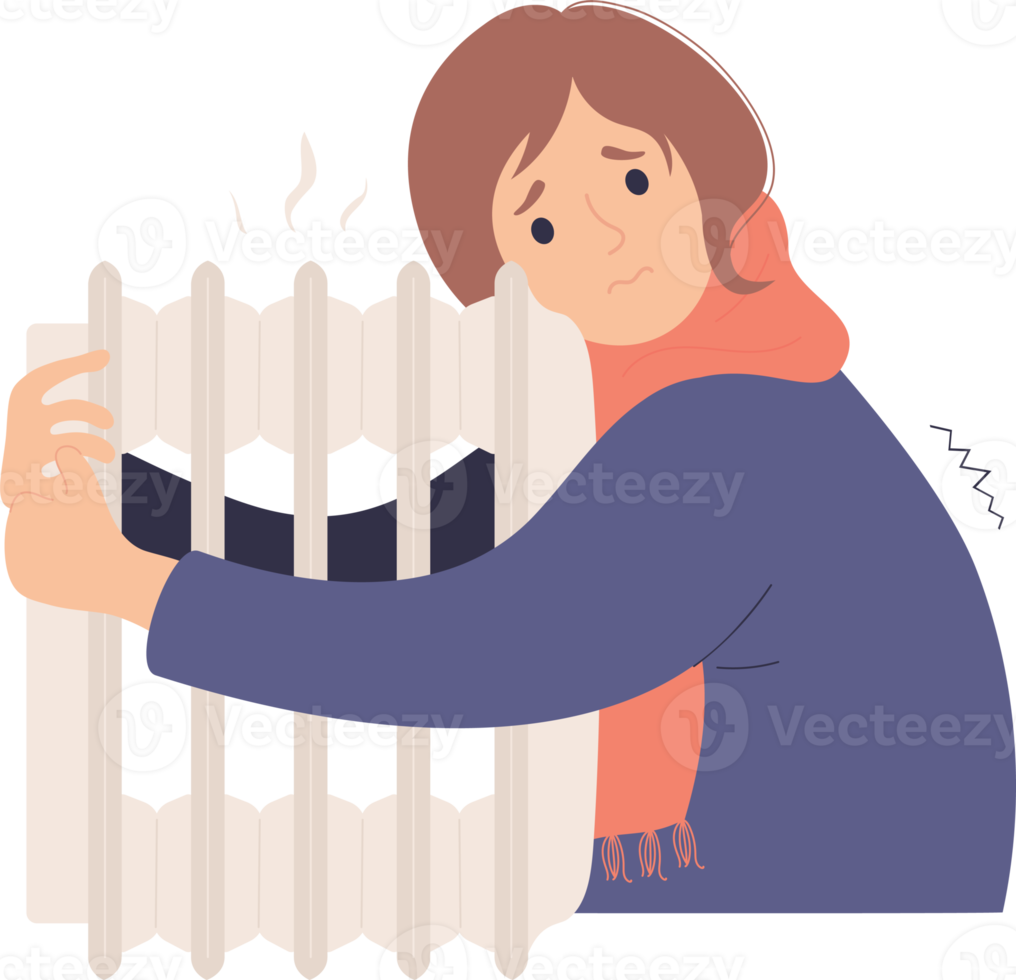 Woman heats up near warm radiator png