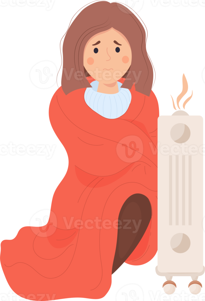 Girl warming up near heater png