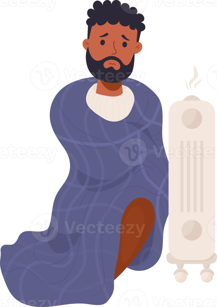 dark-skinned man wrapped in blanket basking near  radiator png