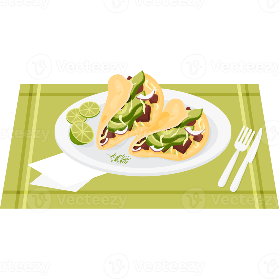 Mexican beef tacos with vegetables  on plate with lime slices png