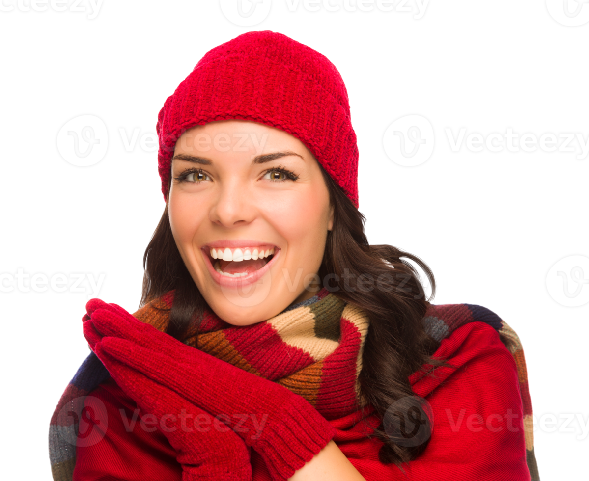 Transparent PNG of Excited Mixed Race Woman Wearing Winter Hat and Gloves.