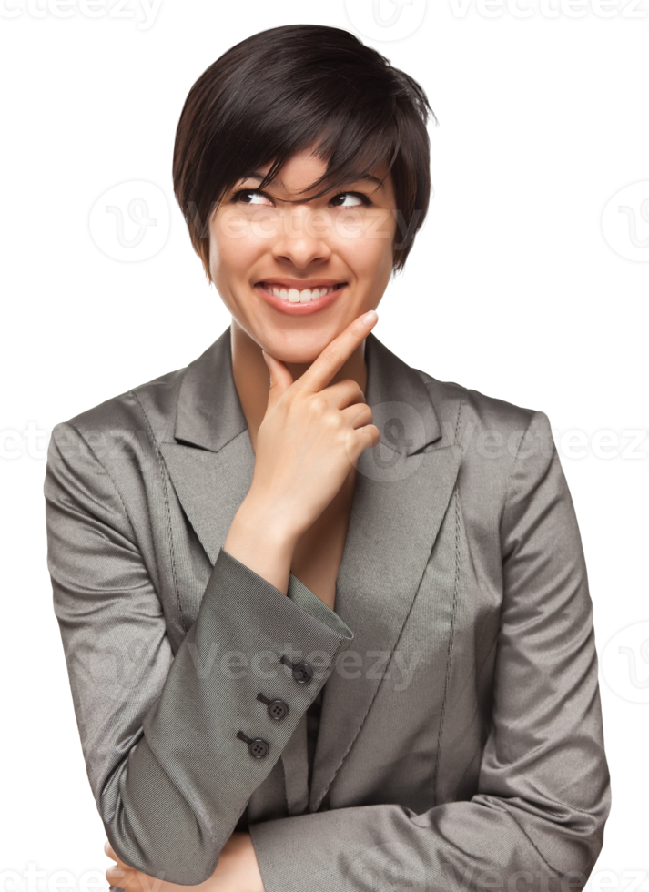 Transparent PNG of Pretty Smiling Multiethnic Young Adult Woman with Eyes Up and Over.