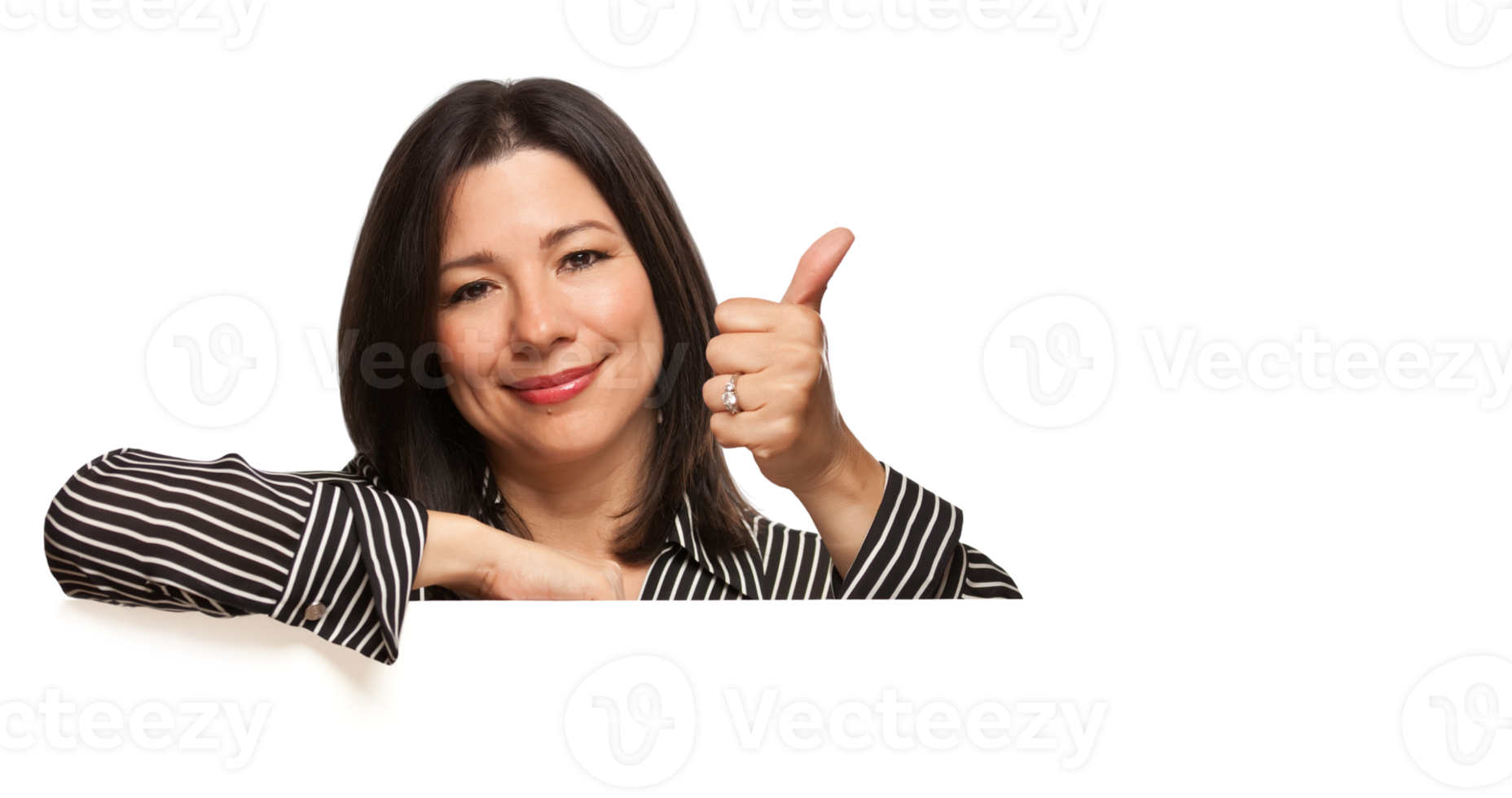 Transparent PNG of Multiethnic Woman Leaning on Blank White Sign with Thumbs Up.