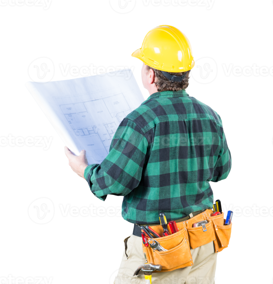 Transparent PNG View from Behind Male Contractor with Hard Hat,Tool Belt and Mechanical Drawings.