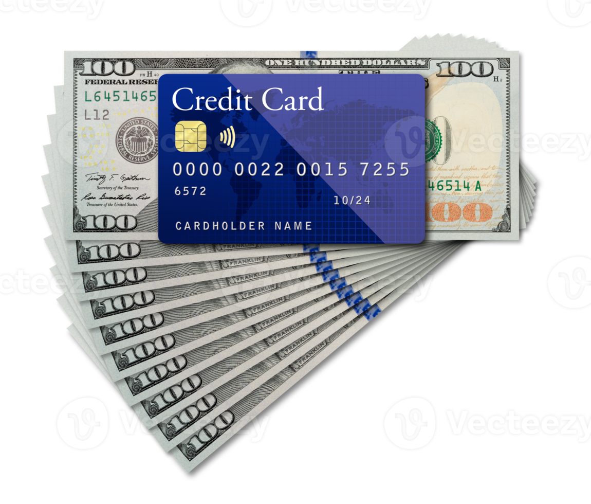 png transparente de maquete de cartão de crédito azul apoiado em notas de cem dólares