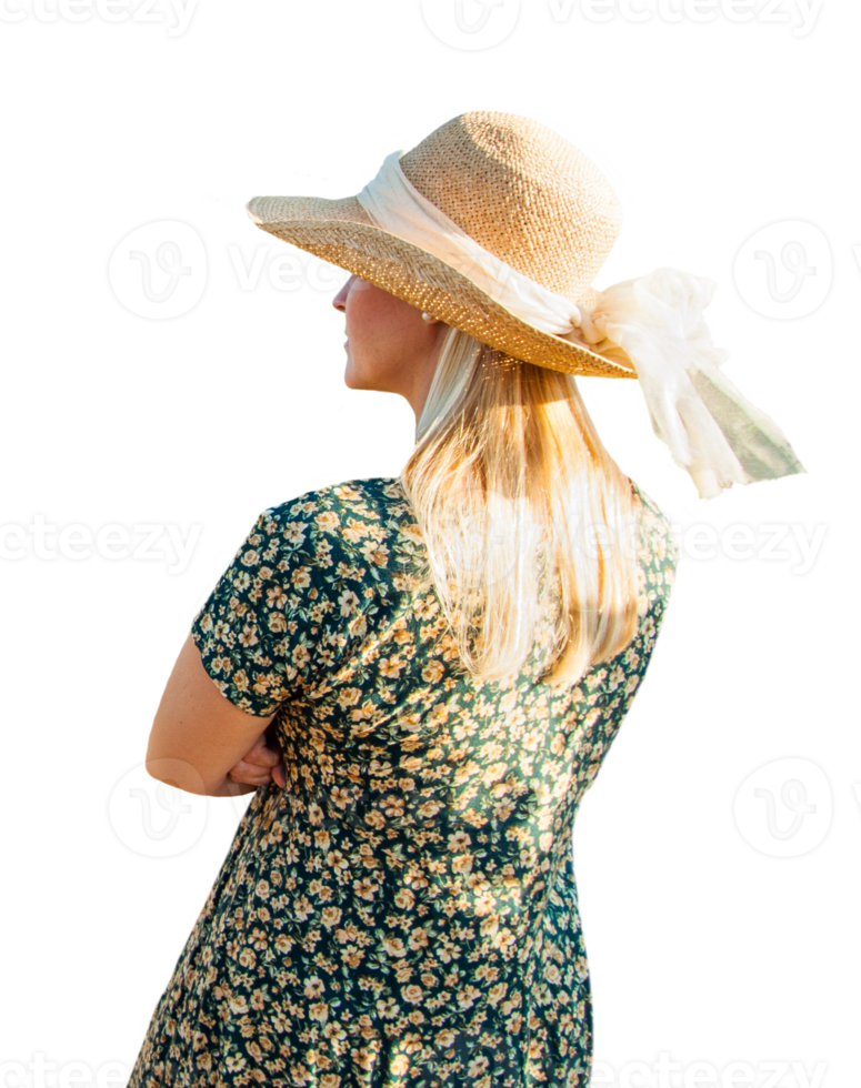 Transparent PNG Pretty Caucasian Outdoors Girl Wearing Sundress and Hat Facing Away From Camera.