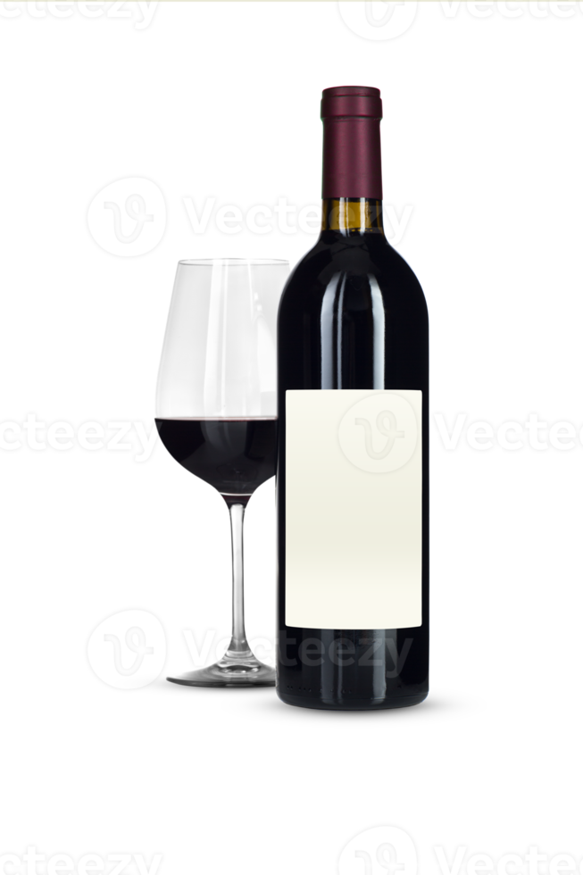 Transparent PNG Dark Wine Bottle with Blank Label and Burgundy Foil Capsule Seal and Glass.