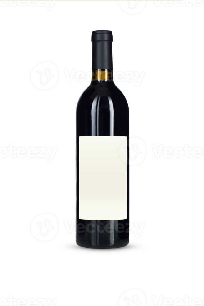 botella de vino oscuro png transparente con etiqueta en blanco y sello de cápsula de lámina negra.