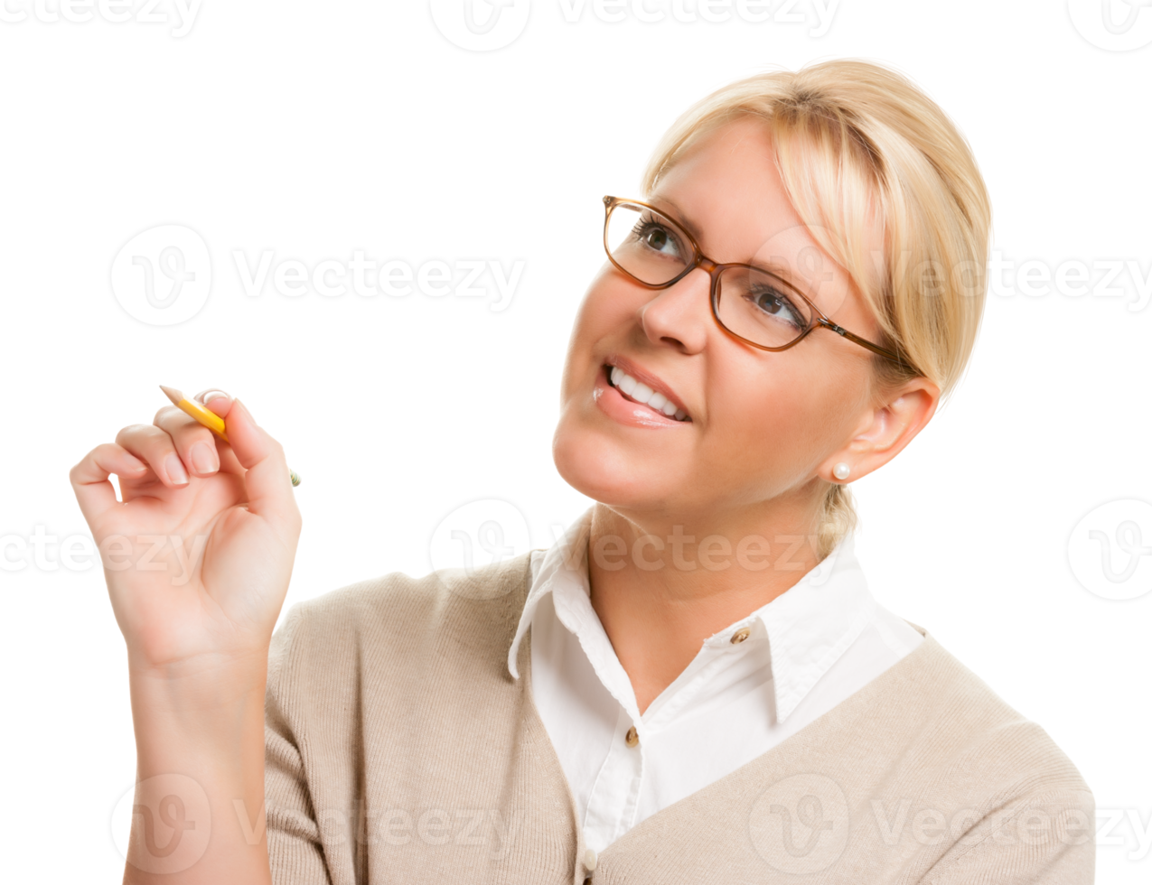 Beautiful Woman with Pencil On White or Transparent PNG