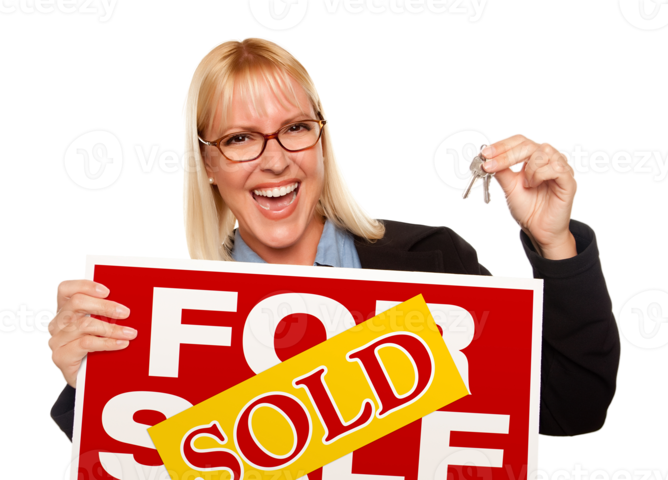 Transparent PNG of Attractive Blonde Holding Keys and Sold For Sale Sign.