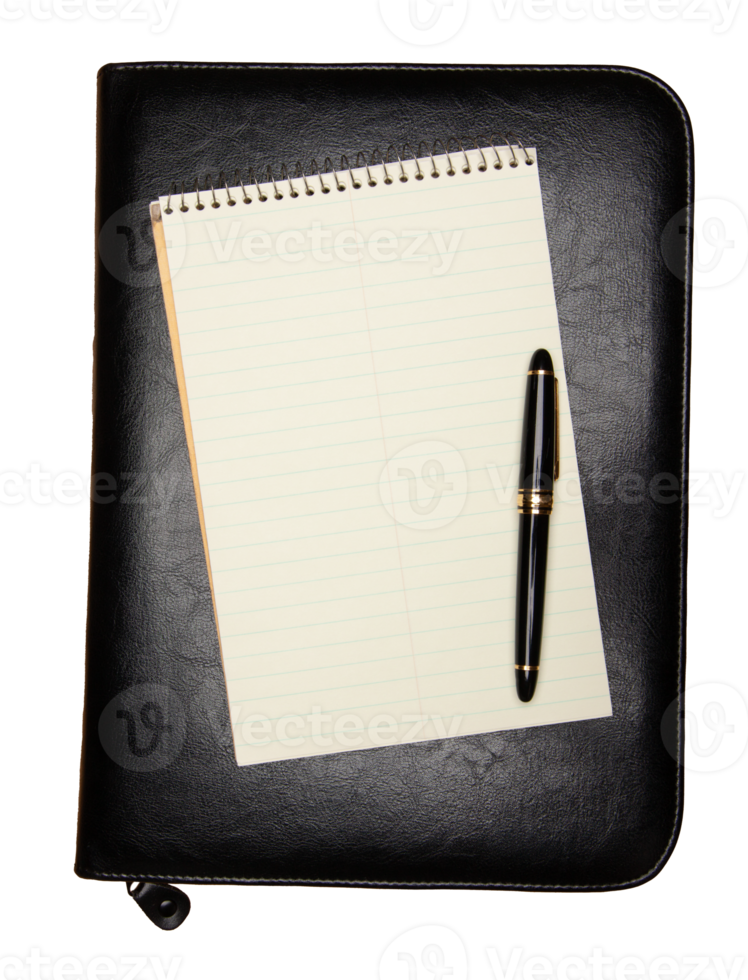 Transparent PNG Business or School Folder with Blank Pad of Paper and Pen.