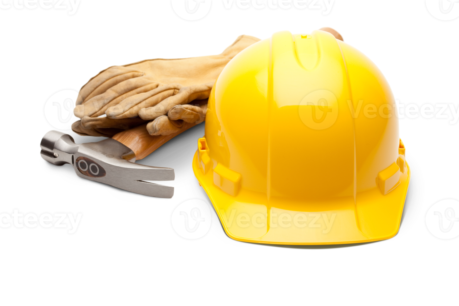 png transparente casco amarillo, guantes de trabajo y martillo.