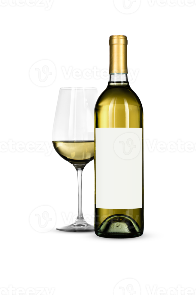 Transparent PNG White Wine Bottle with Blank Label and Gold Foil Capsule Seal and Glass.