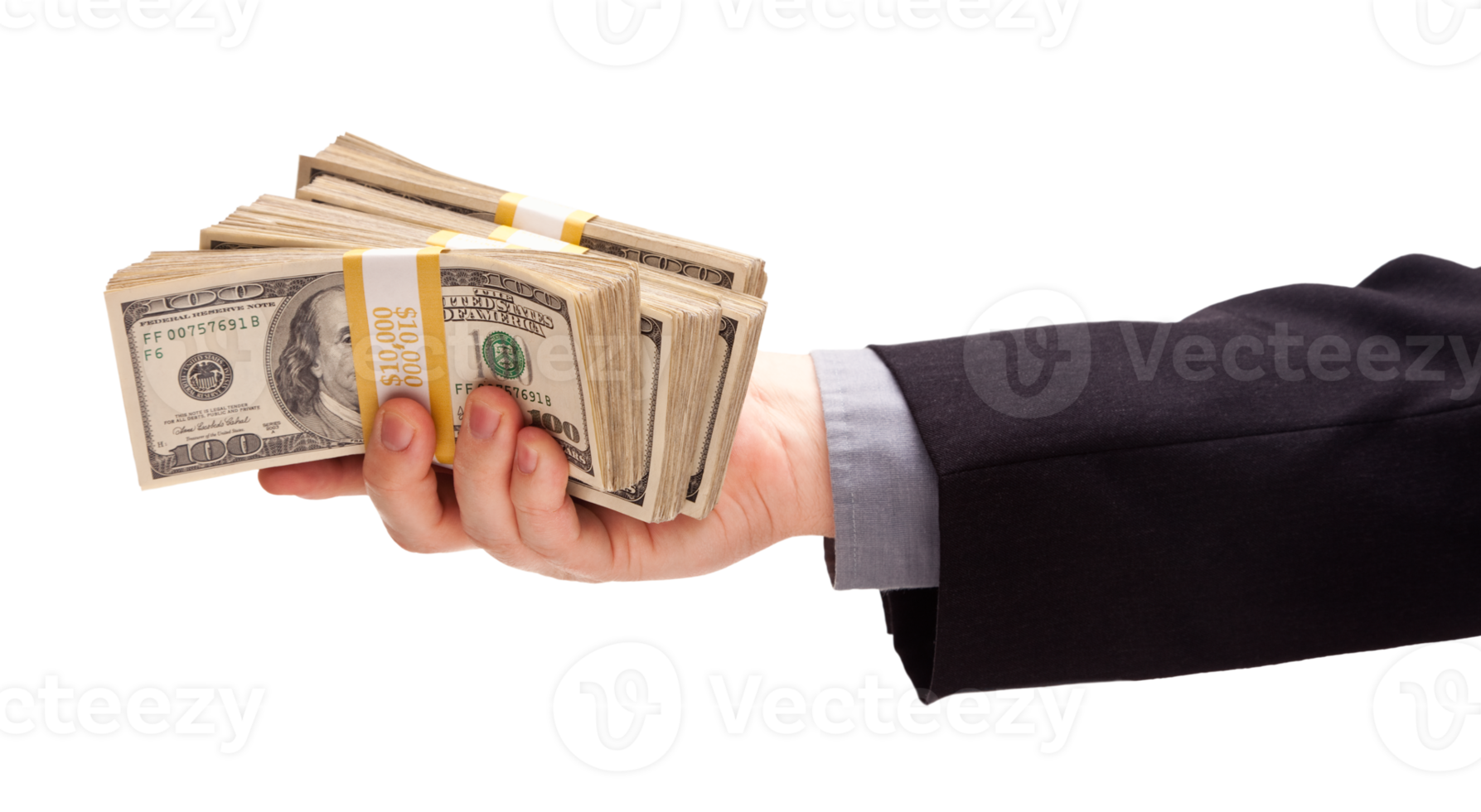 Transparent PNG of Man Handing Stacks of Thousands of Dollars.